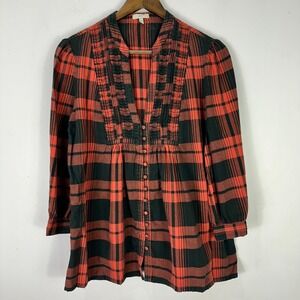 Joie Plaid Pintuck Top L Red Black Boho Grunge Indie Sleaze 90s Academia Button